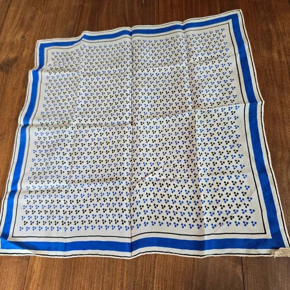 Vintage Silk Scarf Square Blue Black Birdseye Print Classic 70s Preppy Timeless